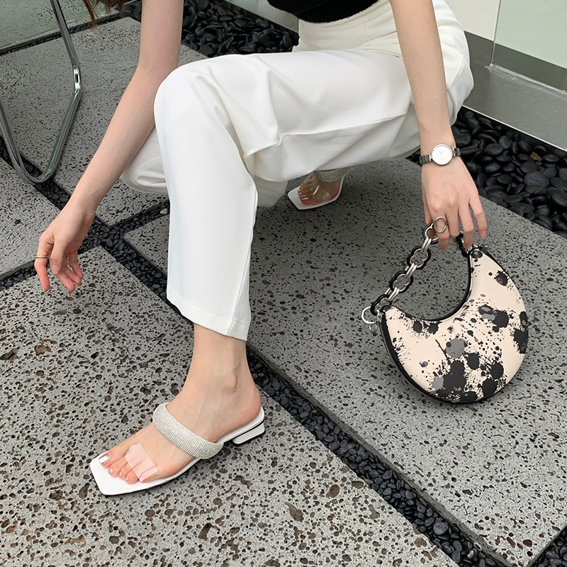1671679778183_974524.jpg Miting Rhinestone Slippers Women Summer 2023 New Transparent Chunky Heel One-Strap Beach Soft Sole Fairy Style