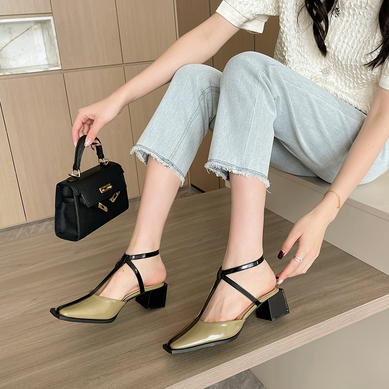 Miting 2023 Spring Summer New Women's Low Heel Square Toe Sandals with Strap and Chunky Heel