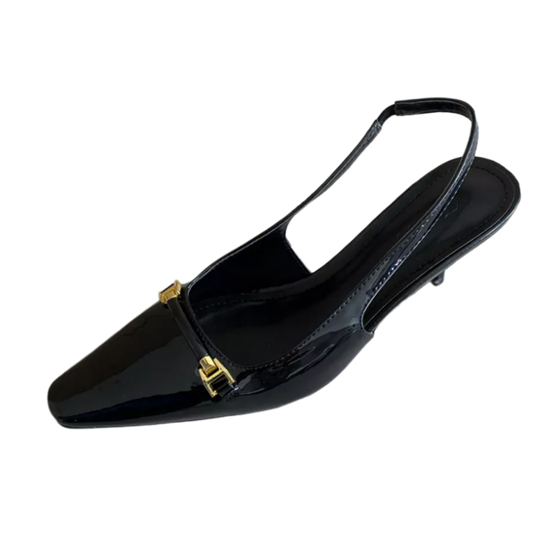 2023 New Spring Patent Leather Square Toe Open Back Kitten Heel Women's Sandals - Korean Style Metal Buckle Strap
