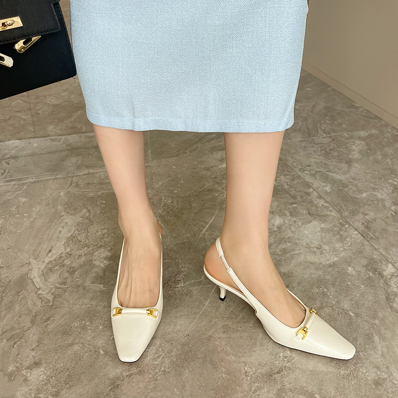 2023 New Spring Patent Leather Square Toe Open Back Kitten Heel Women's Sandals - Korean Style Metal Buckle Strap