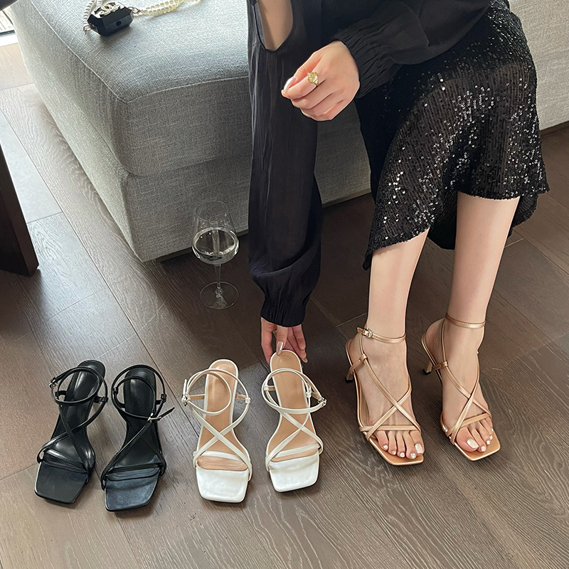 Miting 2023 Spring New Style One-Strap Women's Shoes Versatile Thin Heel Open Toe Cross Strap Fairy Style High Heel Sandals
