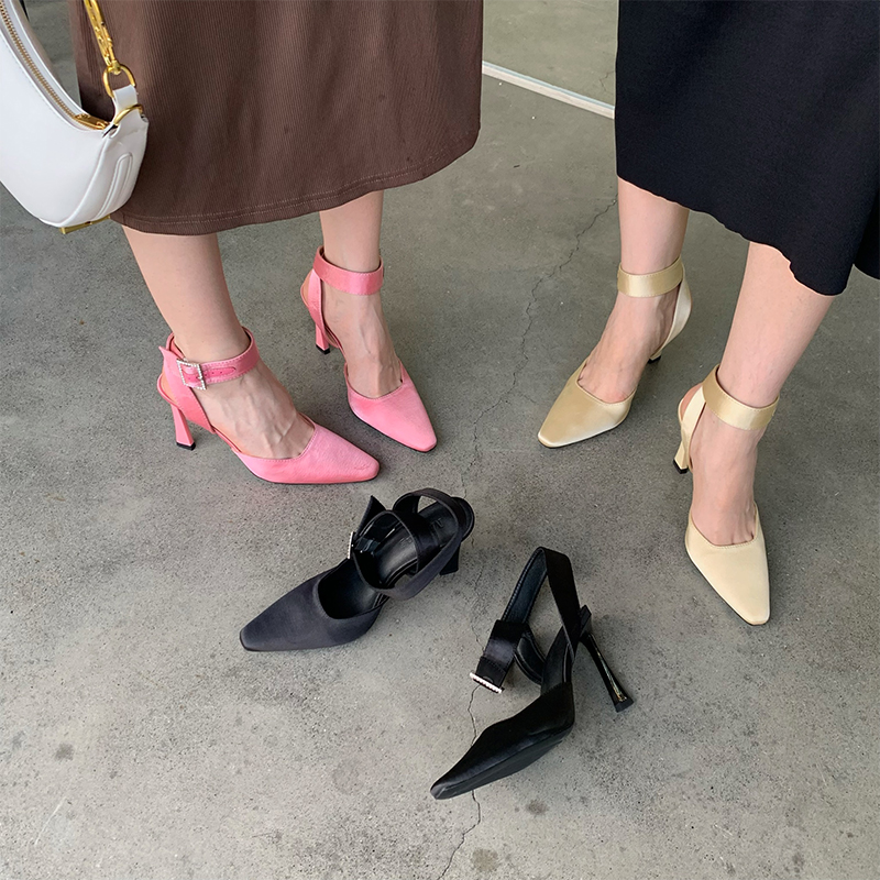 1678428209083_53523.jpg Mitin 2023 Summer French Style Pink Pointed Toe Fairy Silk Satin Kitten Heel Mule Shoes with Closed Toe High Heel Sandals