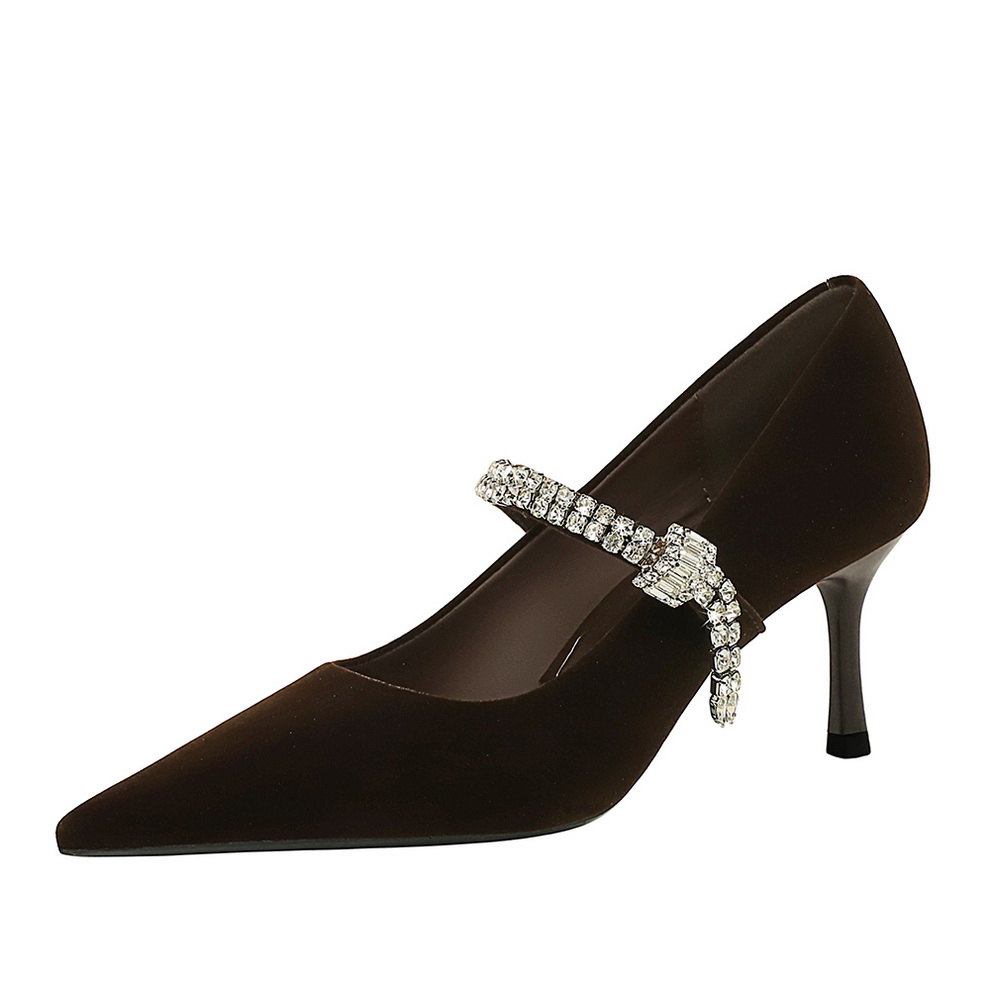 1758518932816_bRT3bZ.jpg BIGWOOD Women's French Pointed Toe Shallow Mouth Single Shoes with Rhinestone One-Strap Suede Commuter Shoes Banquet Thin Heel High Heels