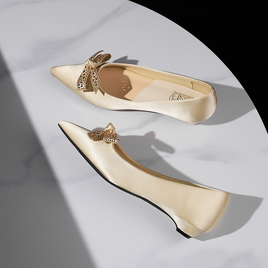 1758780591245_YP87cn.jpg French Style Low Heel Women's Pointed Toe Bow Decor Satin Wedge Slip-On Shoes