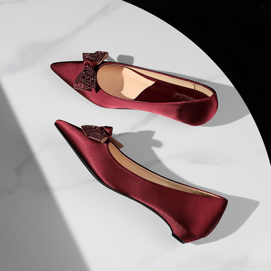 1758780591246_1EFQTG.jpg French Style Low Heel Women's Pointed Toe Bow Decor Satin Wedge Slip-On Shoes