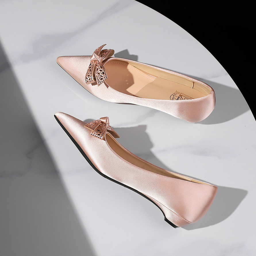 1758780591246_YKSNVy.jpg French Style Low Heel Women's Pointed Toe Bow Decor Satin Wedge Slip-On Shoes