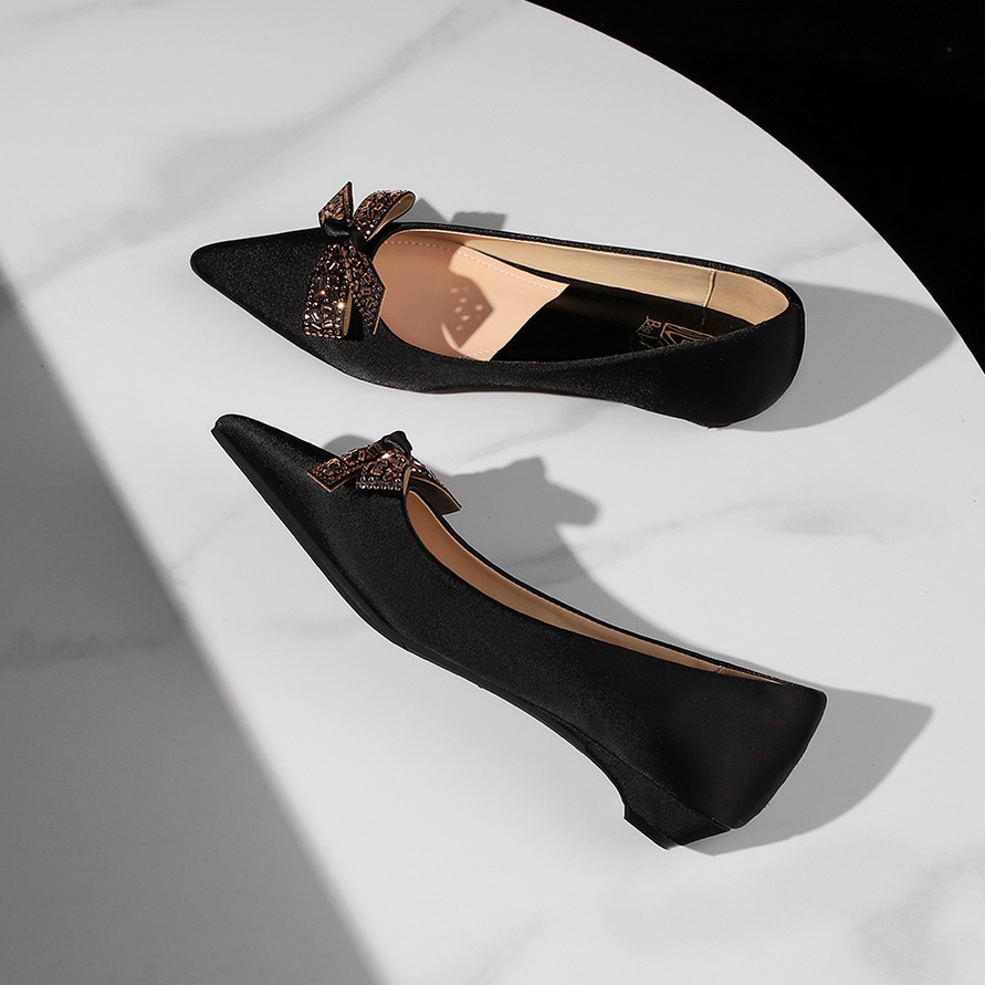 1758780591248_zynJfE.jpg French Style Low Heel Women's Pointed Toe Bow Decor Satin Wedge Slip-On Shoes