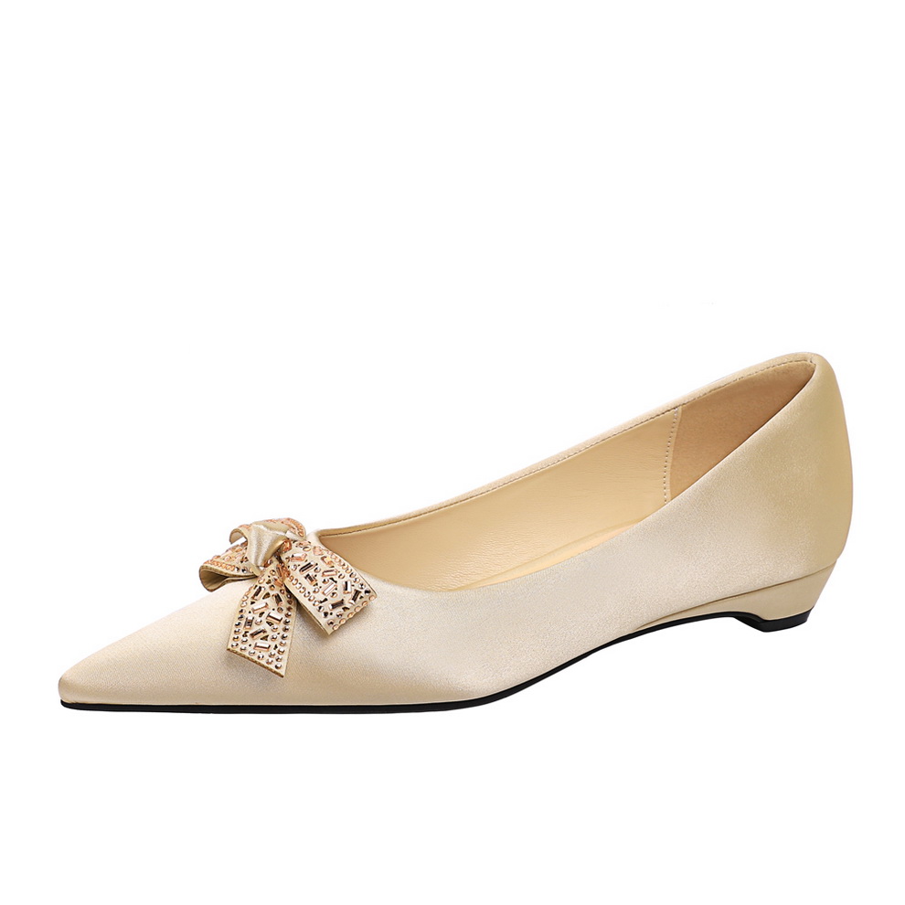 1758780591249_jnkI7k.jpg French Style Low Heel Women's Pointed Toe Bow Decor Satin Wedge Slip-On Shoes