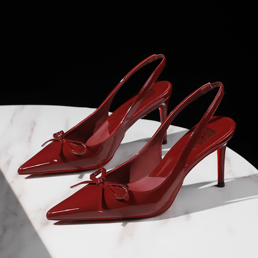 1759903732828_kN2PWL.jpg European American Style Fashion High Heel Shoes Pointed Toe Shallow Mouth Patent Leather Red Bow Back Open Strap Women's Shoes