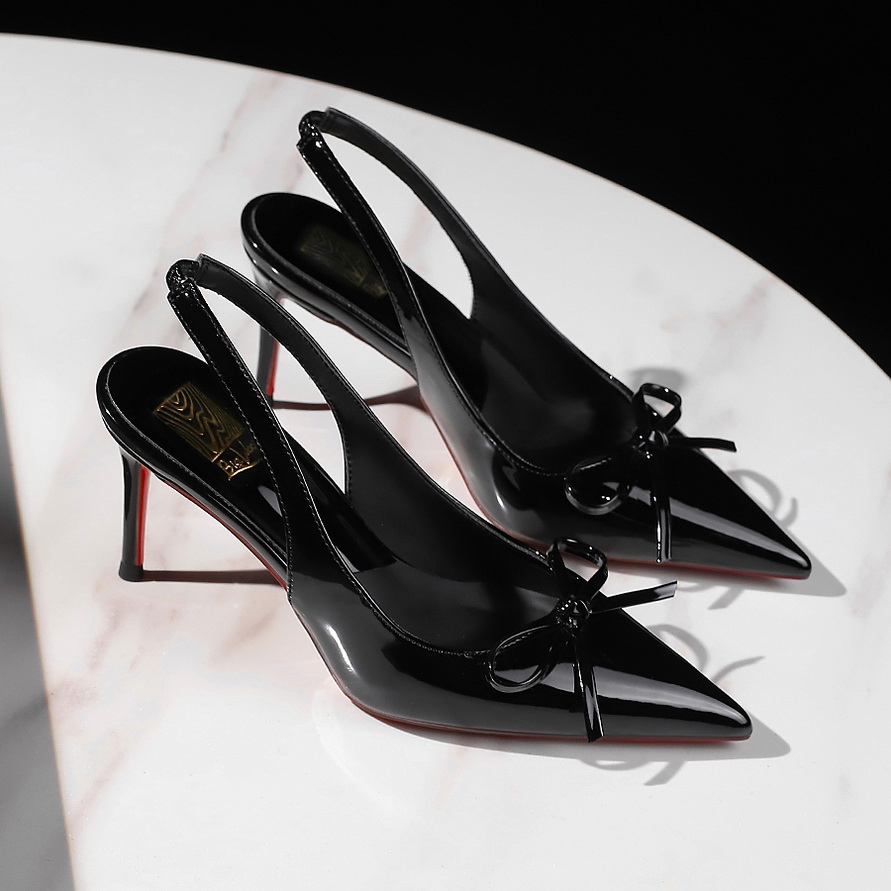 1759903732830_7KRDdg.jpg European American Style Fashion High Heel Shoes Pointed Toe Shallow Mouth Patent Leather Red Bow Back Open Strap Women's Shoes