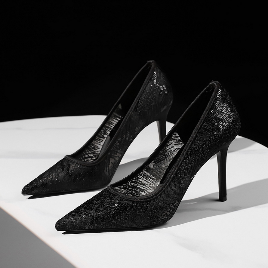 1759981583450_W3Mww9.jpg European American Style Sexy Banquet High Heel Shoes for Women Pointed Toe Shallow Mouth Mesh Lace Sequin Thin Heel Slip-On Shoes