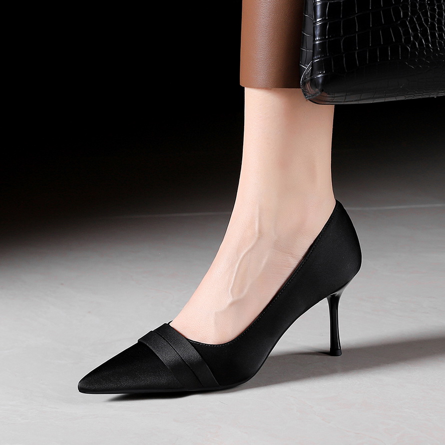 1759997389224_noIX70.jpg European American Style Fashion High Heel Women's Satin Pointed Toe Shallow Mouth Thin Heel Slip-on Advanced Temperament Single Shoes