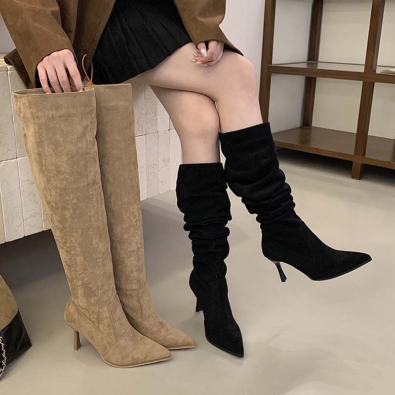 Over Knee Boots Women One Boot Four Ways Fleece Lined 2025 Autumn Winter New Pointed Toe High Heel Slouchy Stacked Boots