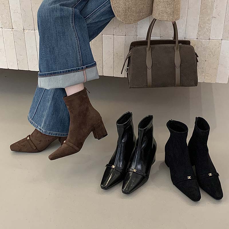 Korean Style Square Toe Chunky Heel Short Boots Women 2025 New Fall Winter Fashion Boots with Back Zipper