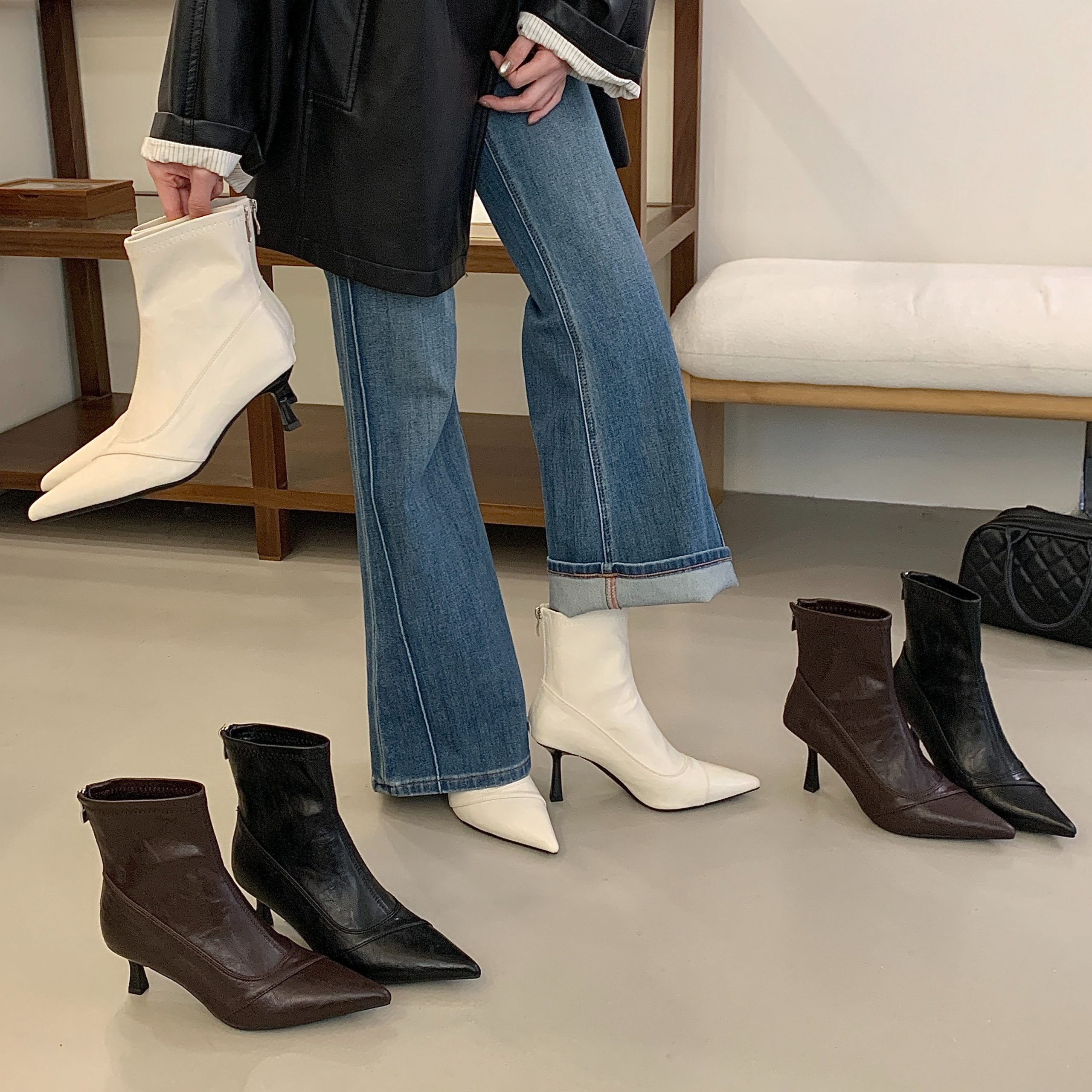 Korean Style Pointed Toe Slim High Heel Short Boots for Women 2025 New Winter Fashion Ankle Boots with Back Zipper - Style f84751