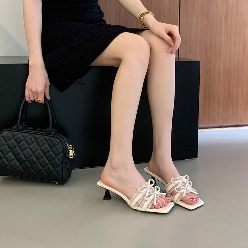 1776407010010_qrGQCU.jpg HMSZ Fairy Style Square Toe Open Toe Lace Bow Flat Sandals Women 2026 Summer Butterfly Kitten Heel Slippers
