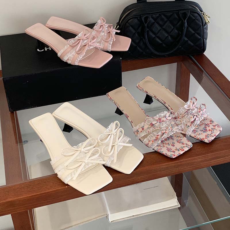 1776407020516_MVIzr6.jpg HMSZ Fairy Style Square Toe Open Toe Lace Bow Flat Sandals Women 2026 Summer Butterfly Kitten Heel Slippers