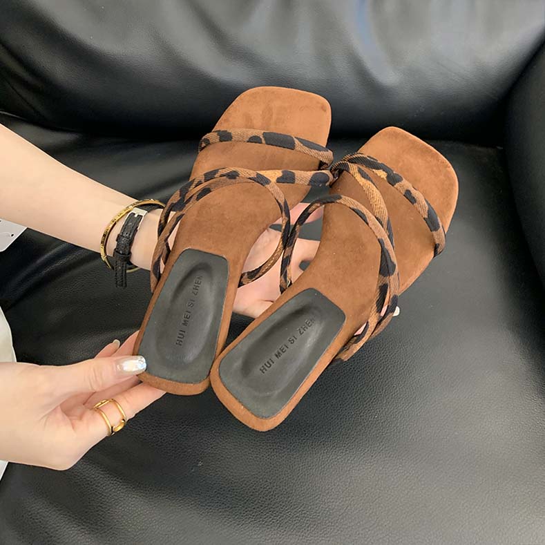 1776580249097_TCQiPT.jpg Women's Suede Square Toe Open Toe Strap Low Heel Slippers Summer Casual Fashion Leopard Print Thick Sole Sandals