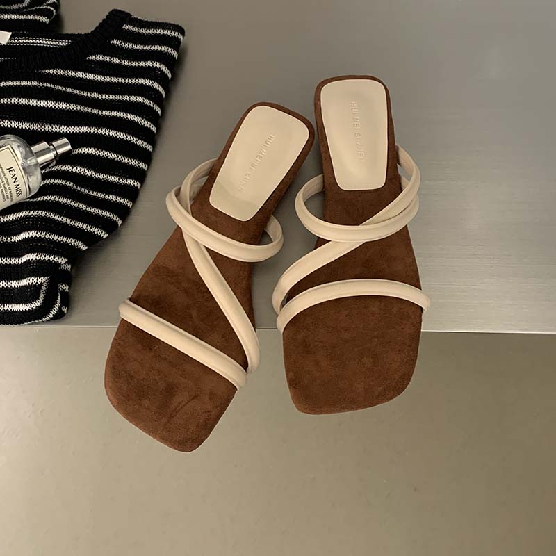1776580254712_G2Yeiu.jpg Women's Suede Square Toe Open Toe Strap Low Heel Slippers Summer Casual Fashion Leopard Print Thick Sole Sandals