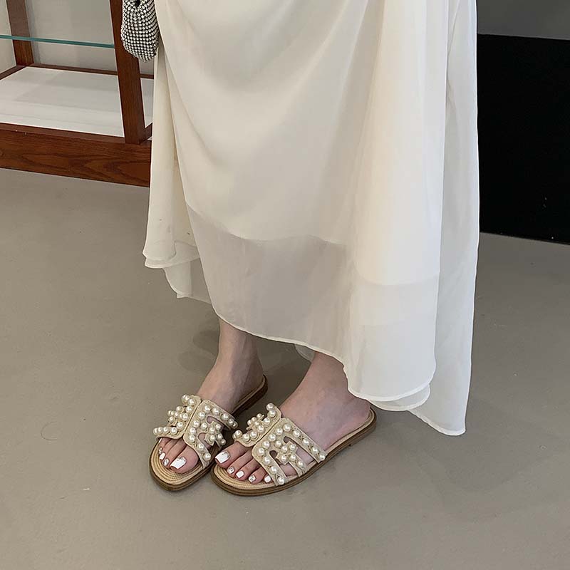 Yu Shuxin Same Style Linen Woven Slippers Women Summer 2026 New Genuine Leather Pearl Shell Sandals