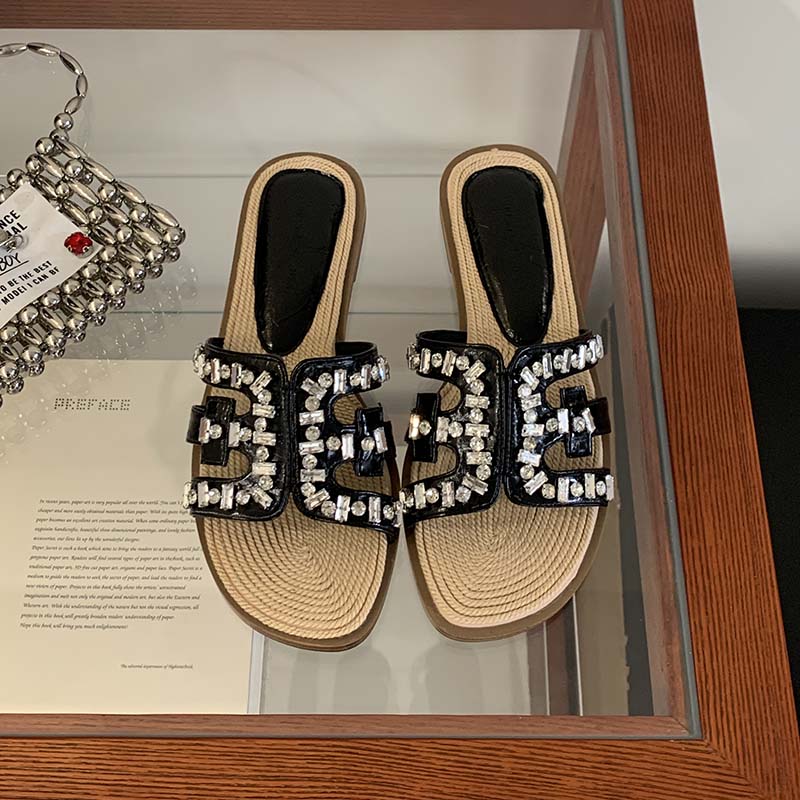 Yu Shuxin Same Style Linen Woven Slippers Women Summer 2026 New Genuine Leather Pearl Shell Sandals