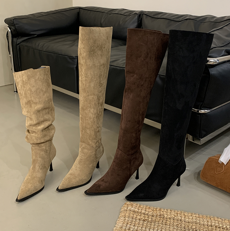 1782452771526_FX4WKi.jpg 2026 New Winter Over Knee Boots Women Two-Way Wide Calf Suede Pointed Toe Stiletto High Heel Ruched Stack Boots