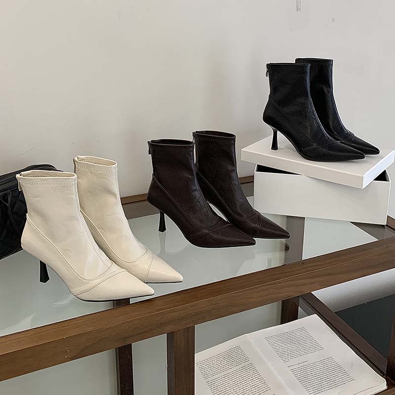 Korean Style Soft Leather Slim Fit Pointed Toe Women's Short Boots High Heel Fashion Boots Back Zipper French Style Slim Women's Ankle Boots
