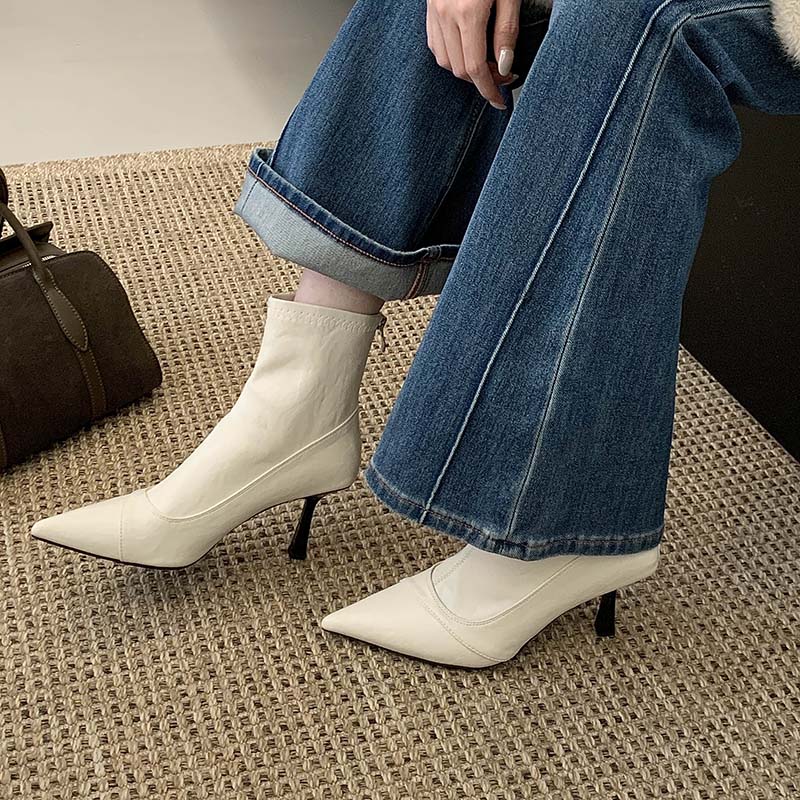 1782453877807_ICPPo3.jpg Korean Style Soft Leather Slim Fit Pointed Toe Women's Short Boots High Heel Fashion Boots Back Zipper French Style Slim Women's Ankle Boots