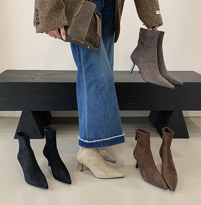 2026 Autumn Winter New High Heel Pointed Toe Ankle Boots Women Elegant Thin Heel Suede Slim Fit Stretch Bare Boots