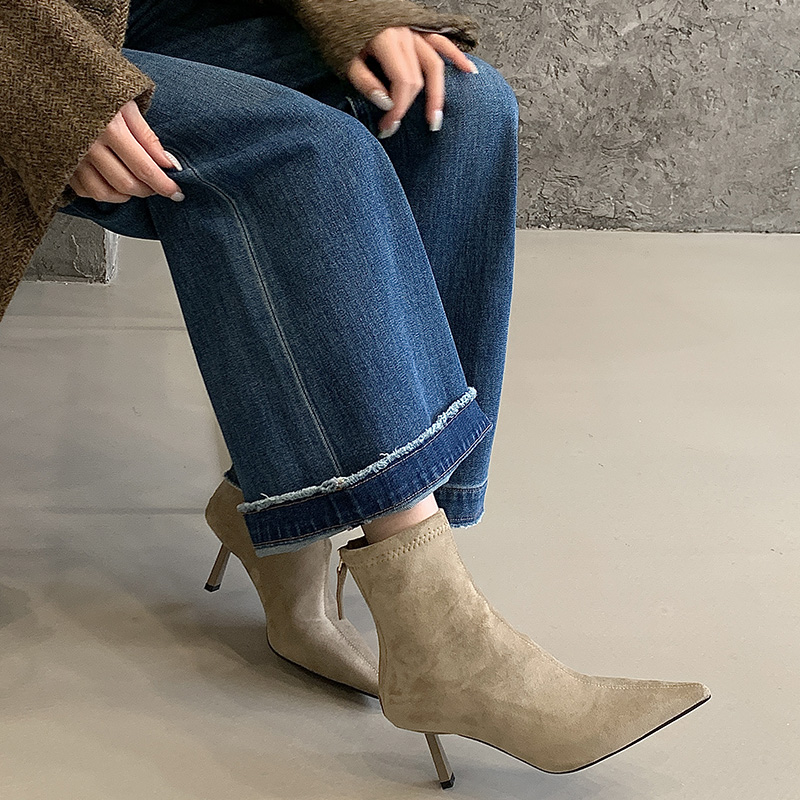 1782457305610_M1aLt9.jpg 2026 Autumn Winter New High Heel Pointed Toe Ankle Boots Women Elegant Thin Heel Suede Slim Fit Stretch Bare Boots