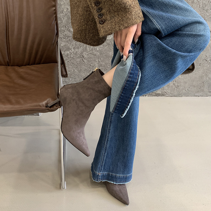 1782457310273_zIrhe8.jpg 2026 Autumn Winter New High Heel Pointed Toe Ankle Boots Women Elegant Thin Heel Suede Slim Fit Stretch Bare Boots