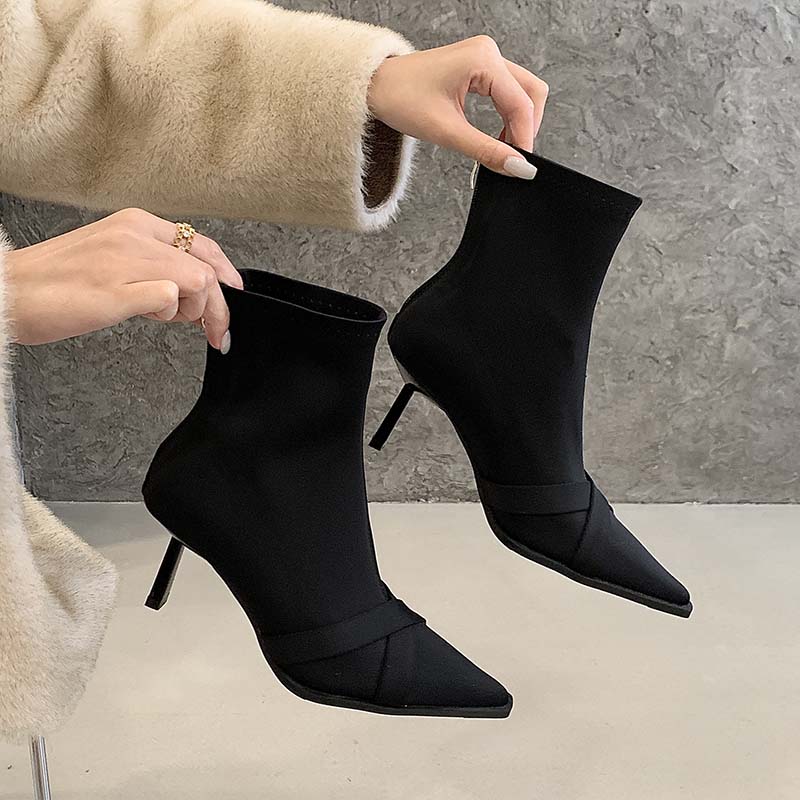 1782528857957_0SZUiX.jpg HMSZ Women's French Style Black Leather High Heel Stretch Ankle Boots Pointed Toe Slim Fit Trendy Bare Boots
