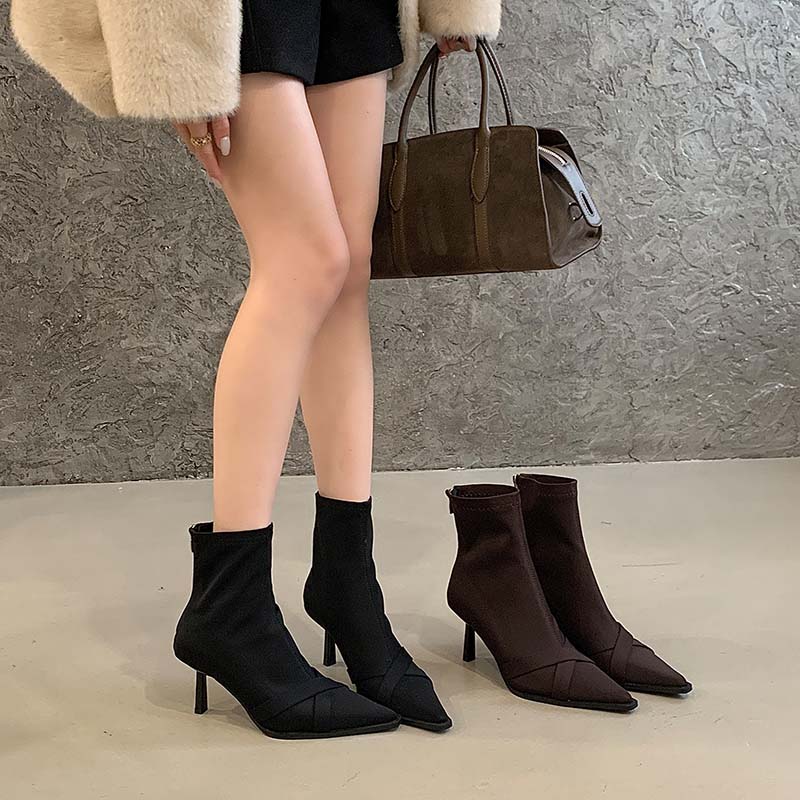 1782528862689_xnnRcv.jpg HMSZ Women's French Style Black Leather High Heel Stretch Ankle Boots Pointed Toe Slim Fit Trendy Bare Boots