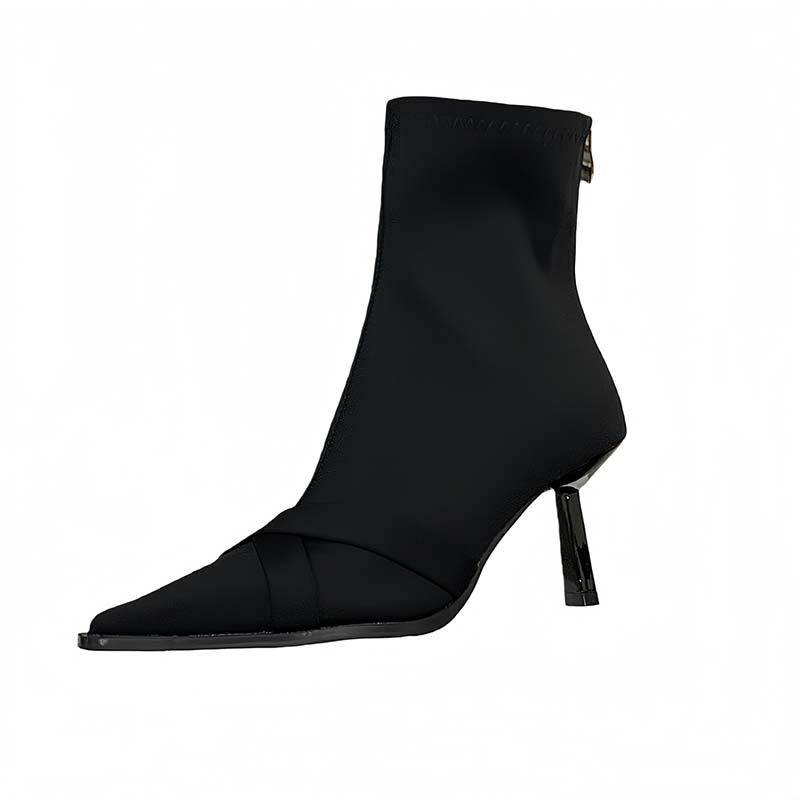 1782528875724_IZoFw7.jpg HMSZ Women's French Style Black Leather High Heel Stretch Ankle Boots Pointed Toe Slim Fit Trendy Bare Boots
